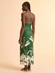 CAJUNI 女士度假波西米亚风绿白热带植物棕榈叶印花交叉领修身连衣裙，适合夏季海滩约会野餐返校 - 彩色 - 查看 2