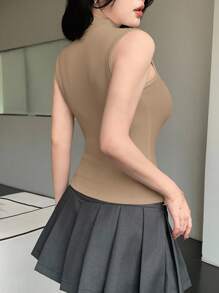 DAZY Women High Neck Bodycon Sleeveless Tank Top Preppy Tops - Khaki - View 5