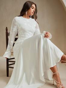 Anewsta 大码女式花卉刺绣拼布长袖优雅连衣裙 - 白色 - 查看 1