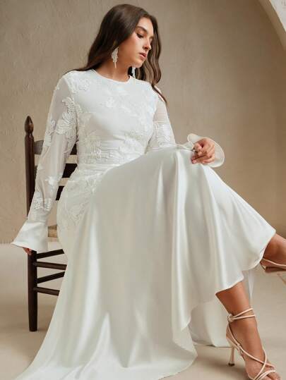 Anewsta Plus Size Women Floral Embroidery Patchwork Long Sleeve Elegant Dress