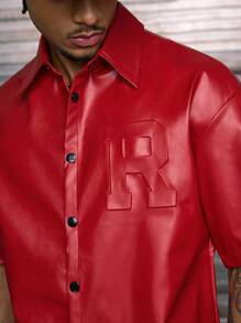 AXEPEAK 男士字母提花短袖单排扣PU皮革时尚衬衫红色男孩衬衫红色青少年衬衫红色纽扣男士红色男士衬衫红色男士衬衫 - 紅色 - 查看 7