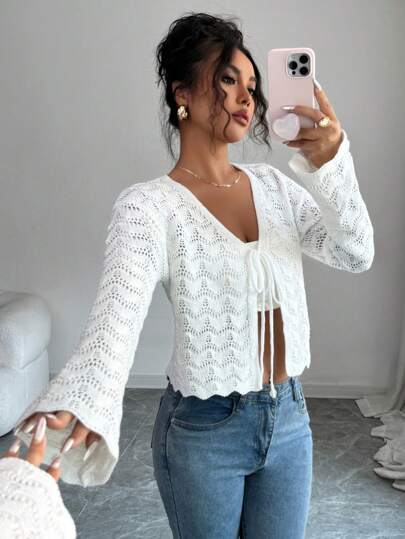 Elenzga Elegant enfärgad, knuten, ihålig stickad kofta för kvinnor