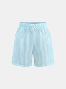 2pcs Boys' Striped Printed Swim Trunks, Woven Fabric Beach Shorts Set, Suitable For Holiday