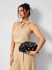 SHEIN SXY 女士手拿包，时尚优雅，简约个性，百搭经典，金色，不对称铆钉，适合通勤、办公、约会、日常、购物、下午茶