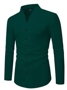 Manfinity Bizformal 男士商务休闲纯色长袖单排扣衬衫，复古风格，秋季 - 墨綠色 - 查看 3