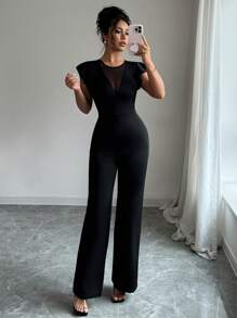 Elenzga Damski jednolity kolor, uniwersalny, heterogeniczny, krótki kombinezon z rękawami typu cap, czarny, lato 2025