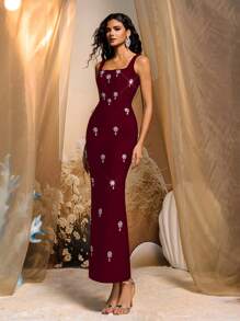 Glamrae 优雅迷人的手工金属水钻装饰宽肩带方领长绷带礼服，适合派对、宴会、典礼 - 酒紅色 - 查看 7