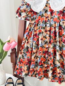 SHEIN LMoss Kids فستان كاجوال ضيق مع أكمام منتفخة مزخرف براعم الزهور المنسوج للفتيات الصغيرات