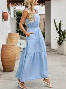 Women's Fashion Front-Open Elegant Solid Color Waisted Long Dress - Light Wash - View 6