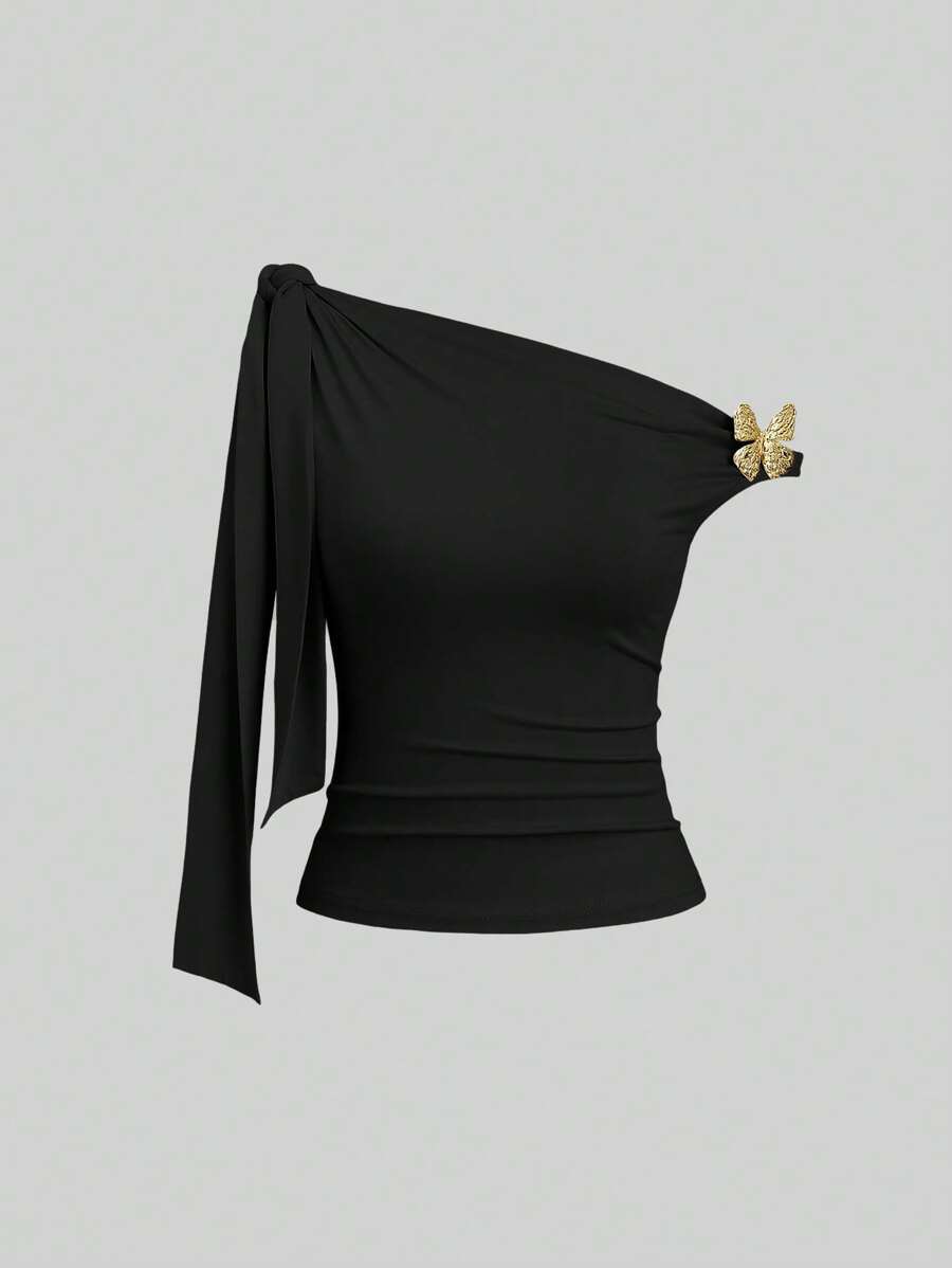 Sweetra Women's Tie Shoulder Fashionable Fitted Blouse