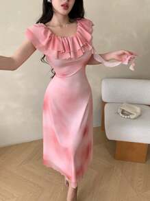 Modelyn Women's Sheer Floral Print Ruffle Hem Summer Dress - Pink - View 3