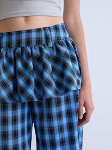 COUREZ Longline Check Shorts With Ruffle Waistband , Y2K Street Wear Summer For Women Summer Bottoms Vintage - Blue - View 6
