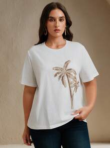 Anewsta Hochwertige modische Damen Sommer T-Shirt mit Rundhalsausschnitt, Kurzarm, weiß mit Blumen Stickerei, Basic gerade geschnittenes Lässig Top für den Urlaub - Weiss - Übersicht 2