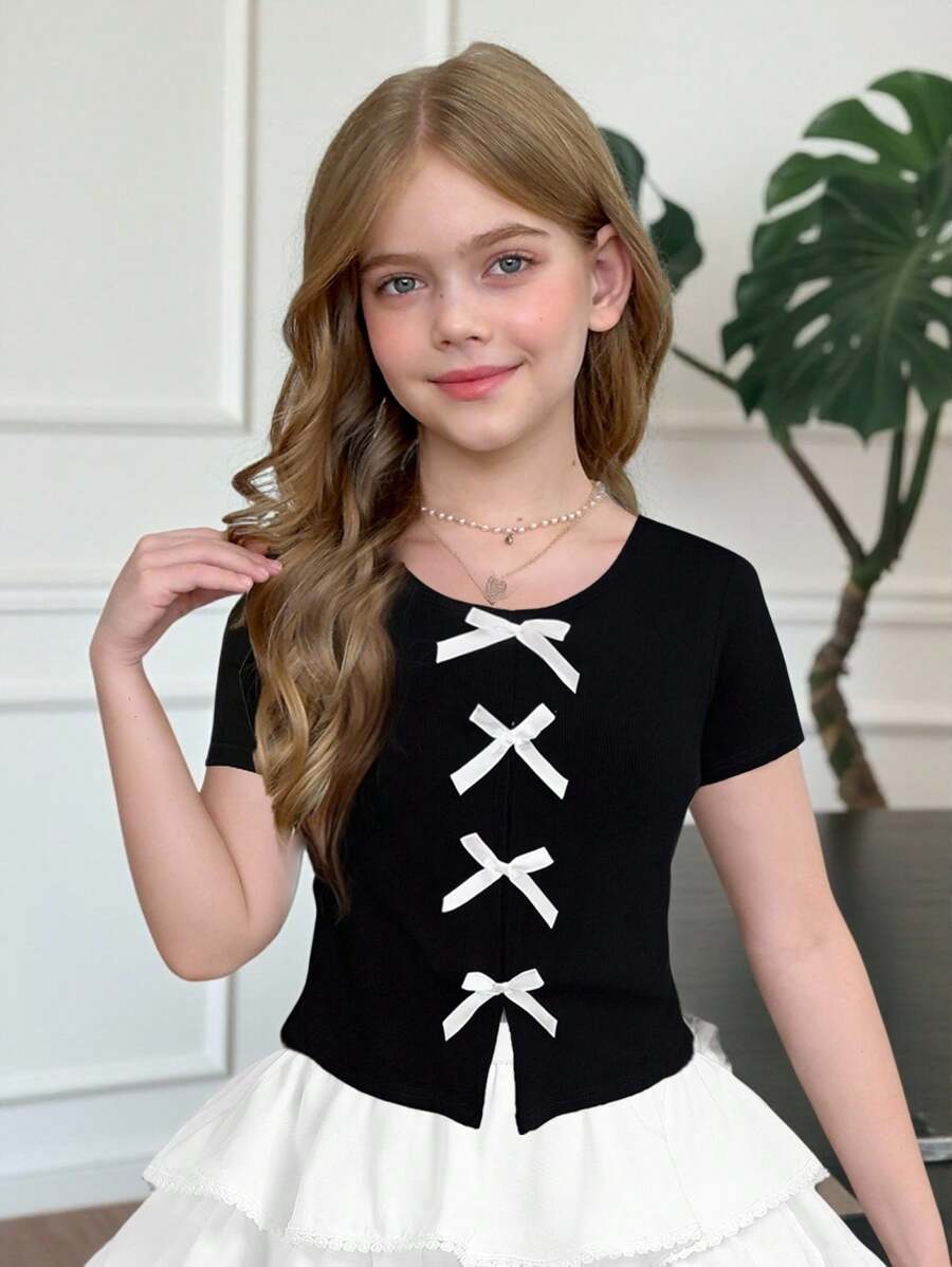 SHEIN Leap Crew Tween Girls Casual Ribbed Knit Solid Color Bow Decor Slit Sleeve Fitted T-Shirt, Black T-Shirt, Back To School, Y2K, Fashion Street, Sweet And Cool Girl - Black - View 1