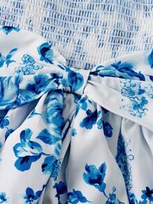 Tween Girl's Backless Bowknot Ditsy Floral Halter Sleeveless Dress Girls Open Back Dress - Blue - View 2