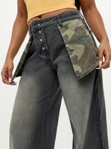 SUMWON WOMEN Wide Leg Denim Jeans Camouflage Patch Inside Out Pockets High Rise Y2K Fashion Fall Winter Streetwear Statement Pants - Black - View 4