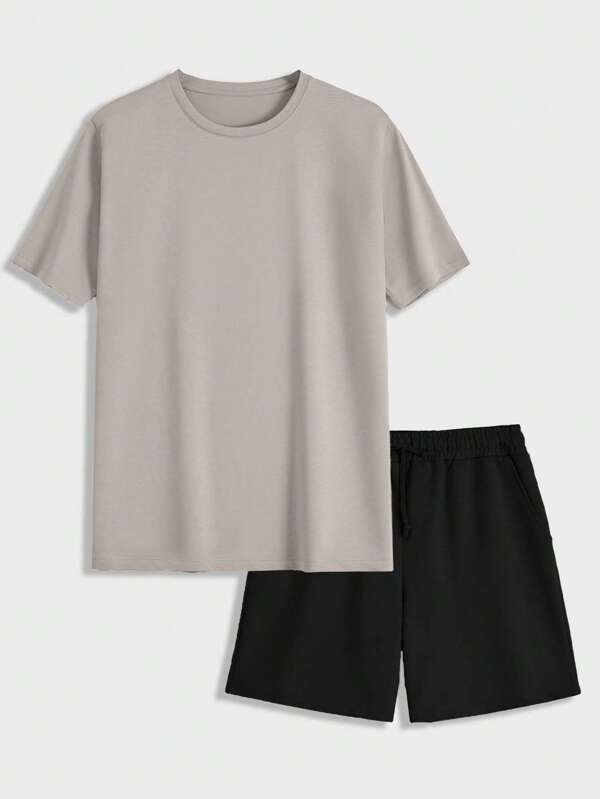 RueChic Men's Solid Color Crew Neck Short Sleeve T-Shirt And Shorts Set, Casual