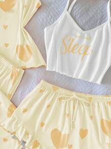 SHEIN 4 件套女士睡衣套装，带有可爱的心形印花，包括吊带背心和短裤 - 黃色 - 查看 5