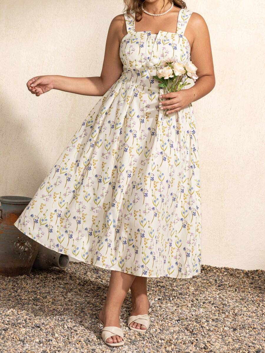 SHEIN Touch of Art Rochie de vară Joris Hoefnagel Plus Size pentru femei, cu model floral, fără spate, pentru vacanță, rochie de grădină, midi, de vară, de lungime medie, pentru petrecere în grădină, rochii de petrecere în grădină