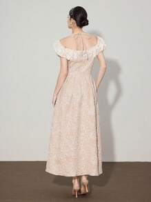 Modelyn 女式露肩花卉提花褶饰优雅连衣裙 - 杏色 - 查看 2