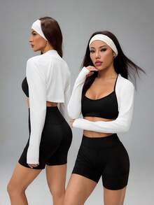 SHEIN PETITE Long Sleeve Crop Top Women Workout Top In Fall/Winter - Blue - View 8