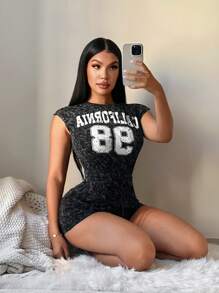 SHEIN SXY 街头风格破洞数字印花无袖连体裤，女式连体裤，Y2k，女式外出上衣，女式街头服饰，女式夏季连体裤，女式连体裤，短款连体裤，休闲连体裤 - 灰色 - 查看 5