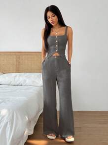 SHEIN EZwear 2 件套女士简约灰色方领纽扣吊带背心和宽松阔腿裤套装 - 灰色 - 查看 6