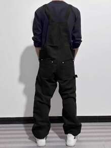 Manfinity Roghcode Men's Casual Fashion Versatile Bib Overalls, With Patch Design,Oversized,Summer Men Black Overalls, Fall