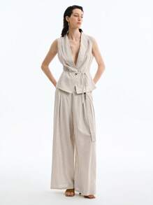 Aalyst Conjunto de 2 piezas: Camisa de mujer sin mangas con cuello Mao y un botón, con cinturón y pantalón recto plisado, adecuado para ir al trabajo, casual, actividades al aire libre y otras ocasiones, primavera/verano