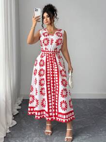 Elenzga Mono bohemio de talla grande para mujer, con estampado tropical rojo, cintura alta y fluido, elegante y de moda para el verano
