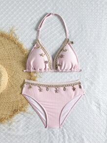 SHEIN Teen Girl New Simple Solid Color Beige Bikini Set, Special Fabric Swimsuit For Beach Resort Young Girls Sets Bikini Set For Girls Bikini Sets For Girls Swimsuit Set Bathing Suits Teen Girl Two Pieces Summer Holiday - Baby Pink - View 1