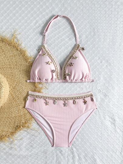 SHEIN Teen Girl New Simple Solid Color Beige Bikini Set, Special Fabric Swimsuit For Beach Resort Young Girls Sets Bikini Set For Girls Bikini Sets For Girls Swimsuit Set Bathing Suits Teen Girl Two Pieces Summer Holiday