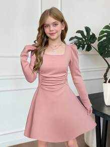 SHEIN Tween 女童优雅方领灯笼长袖 A 字形连衣裙