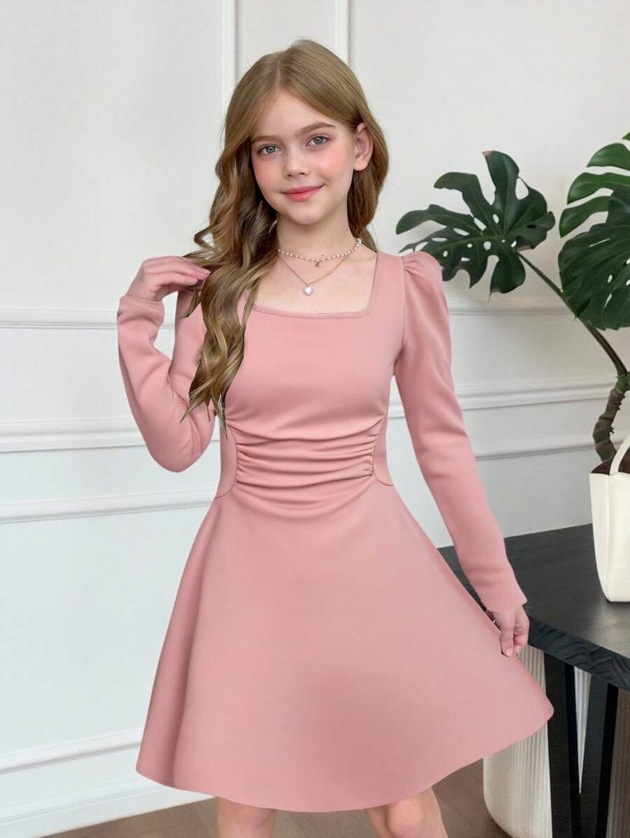 SHEIN Tween 女童优雅方领灯笼长袖 A 字形连衣裙