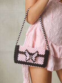 SHEIN ICON Ladies, Women Shoulder Bag, Hobo Bag, Black And Pink, Bead, Butterfly, Fashionable, Personalized, Simple, Versatile, Street, Sweet And Cool Girls, Hot Girls, Y2k, Retro, Rivets, Vintage, Teenagers, For Beach, Vacation, Holiday, Summer, Seaside, Beach Party, Date, Daily, Shopping, Afternoon Tea - Multicolor - View 2