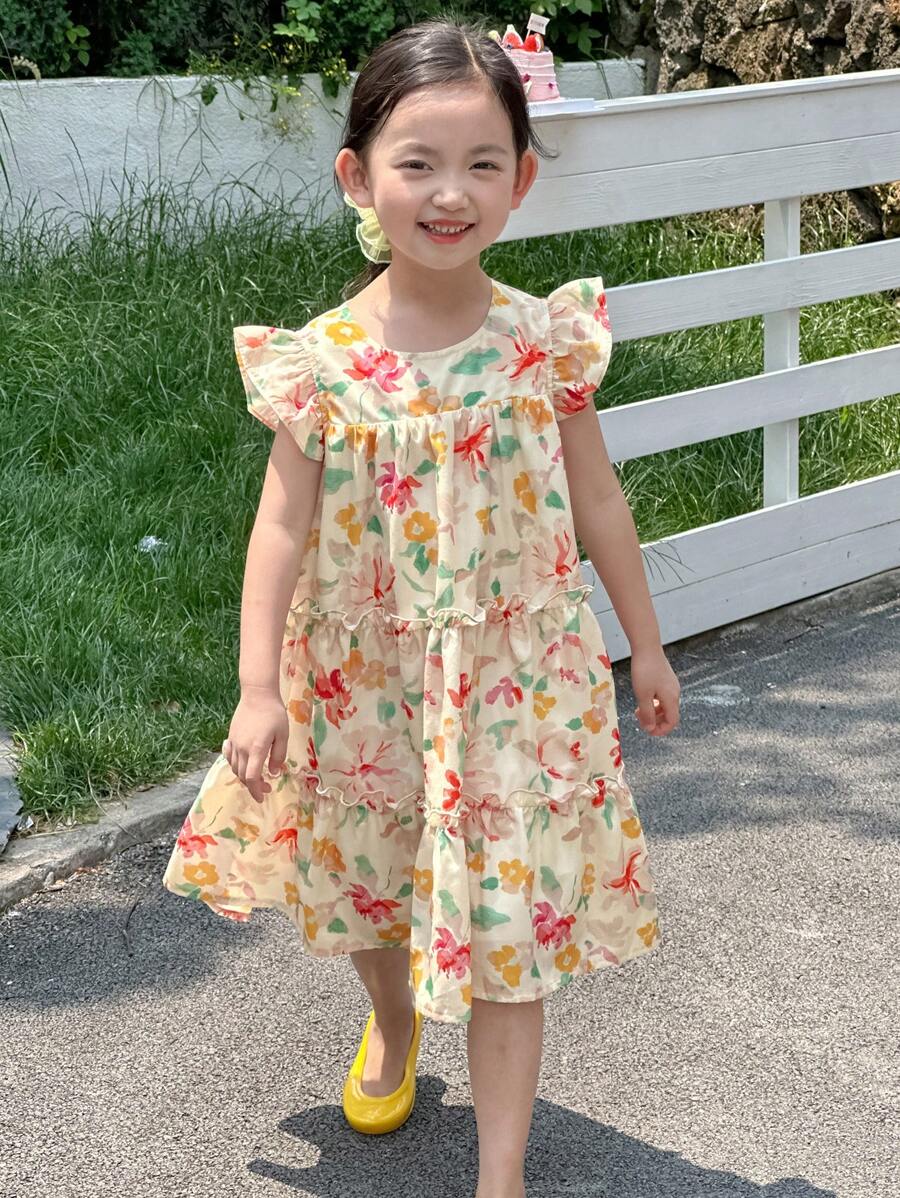 DAZY Girl's (Small) Round Neck Full Print Floral Midi Cap Sleeve Dress For Summer
