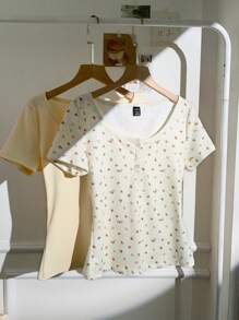 Solflare 大码女式碎花短袖修身T恤，春夏款 - 彩色 - 查看 5