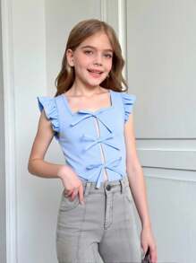 SHEIN Girlism Tween Girls' Casual Vacation Fashionable Cap Sleeve Square Neck Front Bow Decorated Blouse
