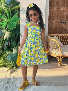 Rochie de vacanță pentru fete preadolescente, casual, drăguță, cu model de fructe tropicale, decolteu pătrat, mâneci fluturate, tiv evazat, decupat, spate cu fundă, ținute asortate pentru mami și cu mine (2 piese se vând separat)