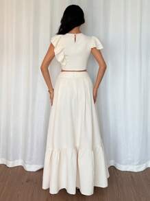 Elenzga 2pcs/Set: Asymmetrical Ruffle Hem Blouse And Skirt Set - Apricot - View 2