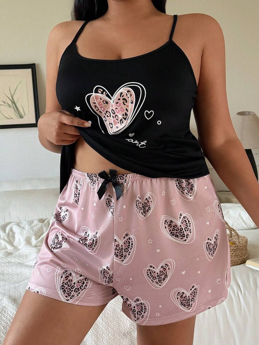 SHEIN Leopard & Heart Print Casual Camisole Top & Shorts Pajama Set, Plus Size, Outfits - Multicolor - View 1