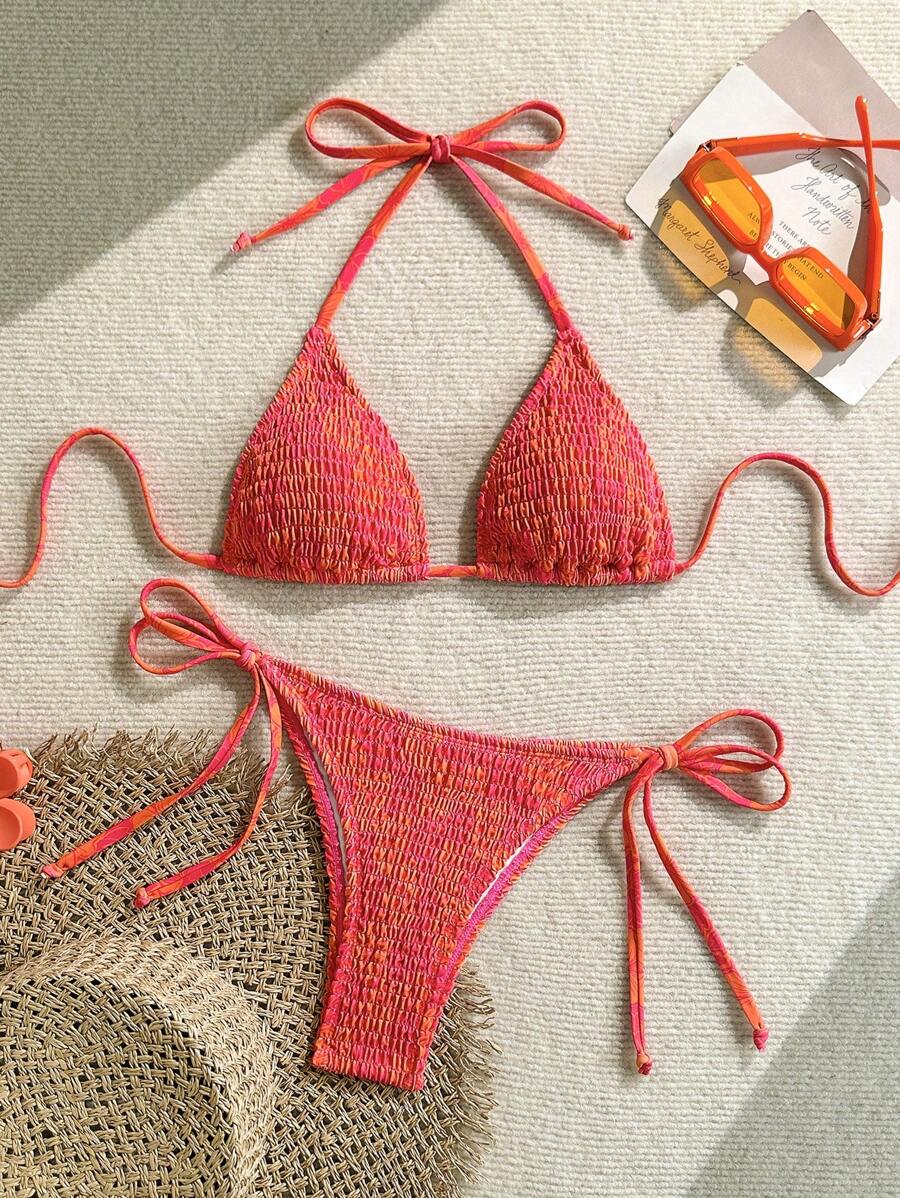 Swim Vcay Conjunto de traje de baño y bikini de verano con cuello de halter plisado, de estampado tropical y con lazo, para vacaciones en la playa - Multicolor - Ver 1