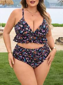 SHEIN CURVE+ Plus Size Women's Ditsy Floral Deep V Fresh Casual 2 Pieces Set For Summer Beach Vacation - Multicolor - View 4
