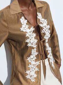 Maija Brown Semi-Sheer Fabric, Front Tie-Up Hollow Design, White Lace Embroidery Decor On Front, Flutter Sleeve, Long Sleeve, Fitted Waist Women's Shirt, Elegant All-Match Minimalist Versatile Vintage Style, Suitable For Autumn Outings - Brown - View 2