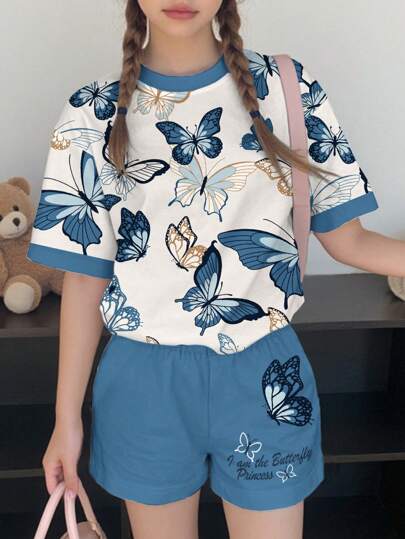 Teen Girl Casual Minimalist Fashion Classic Butterfly Print Short Sleeve "I Am The Butterfly Princess" Handwritten Text Print, Butterfly Print Shorts 2 Pieces Set, Suitable For Summer