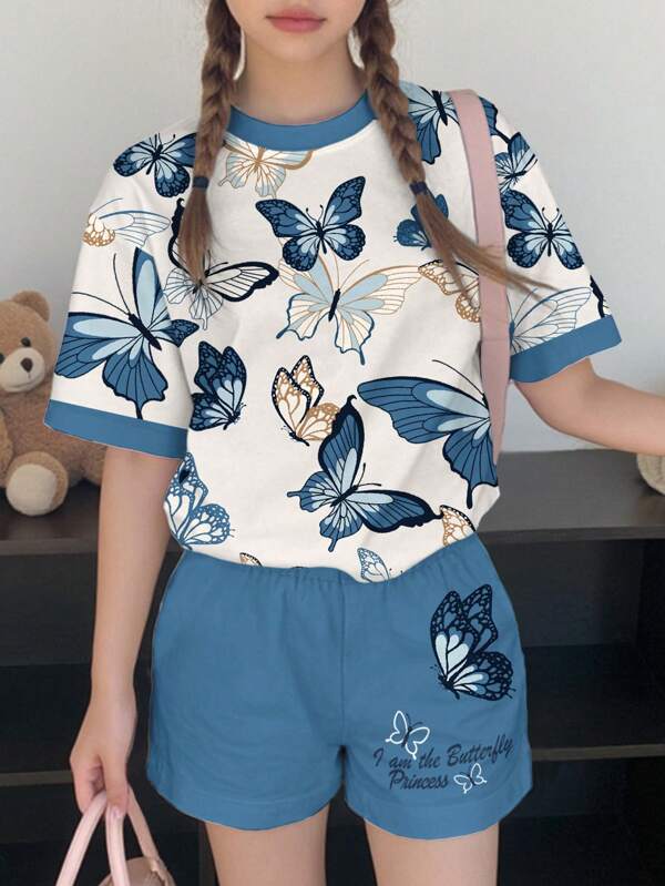 SHEIN Tween Girls Casual Stylish Classic Butterfly Print Short Sleeve T-Shirt With Handwritten "I Am The Butterfly Princess" Text And Matching Butterfly Print Shorts Set, Suitable For Summer