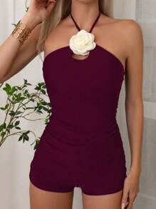 SHEIN Swim Women's Solid Color Spaghetti Strap High Neck Backless 3D Floral Decor Fitted Summer Camisole Tankini Swimsuit