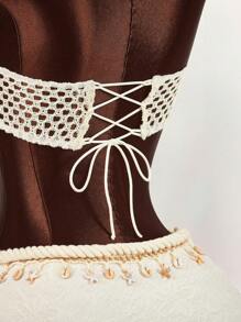 Amplova Set de 2 piezas: Top corto decorado con cuerda, estrella de mar y concha, y mini falda