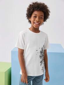 SHEIN Tween Boy Tree & Bird Print Tee & Drawstring Waist Shorts