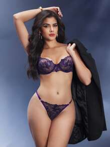 SHEIN Opulent Queen Women's Classic Purple Lace Lingerie Set Sheer Bralette And Panty Set With Spaghetti Straps